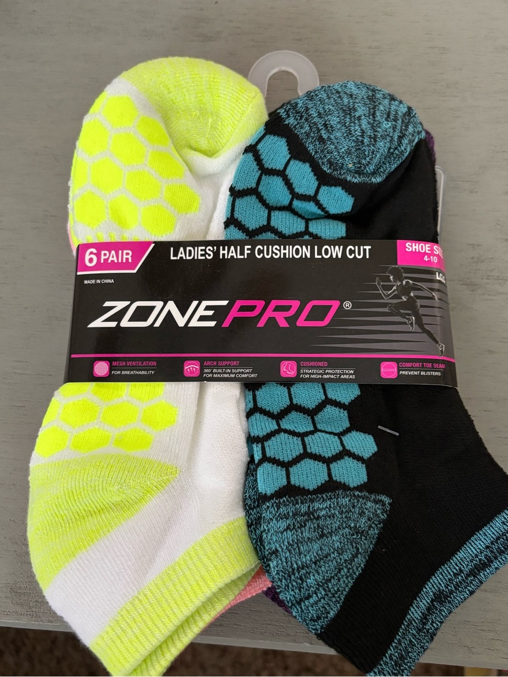 Zone Pro Ladies' Half Cushion Low Cut Socks - Neon Yellow & Teal (6 Pair)